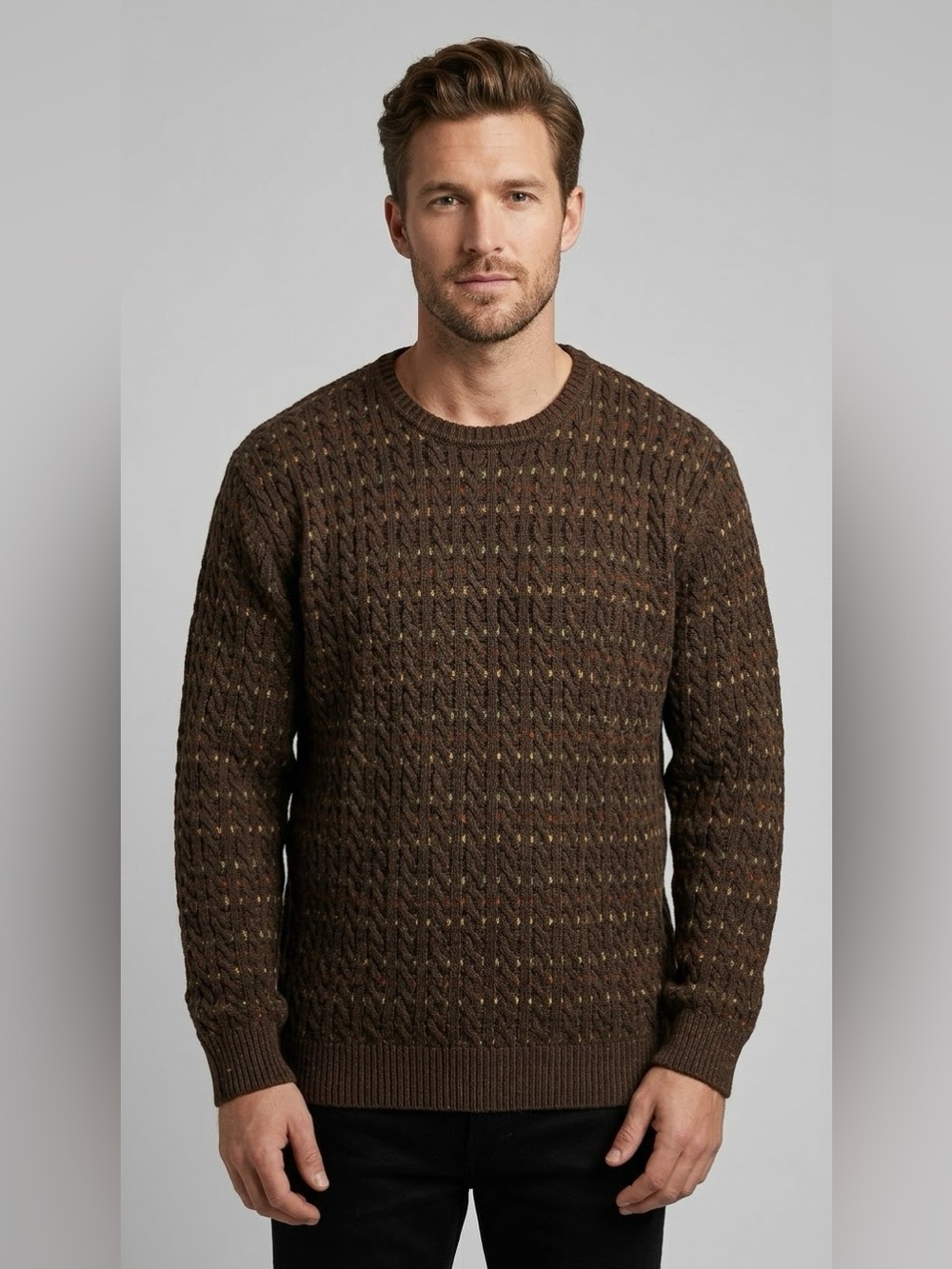 NWT Tasso Elba Men's XL Cable Knit Sweater Brown Speckled 100% Cotton Crewneck